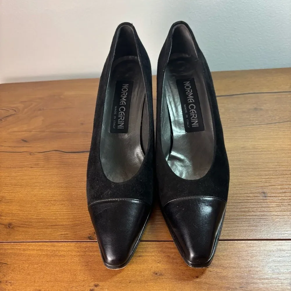 VTG Norma Carini Womens 7.5 Made in Italy Black Suede Quiet Luxury Cap Toe Heels